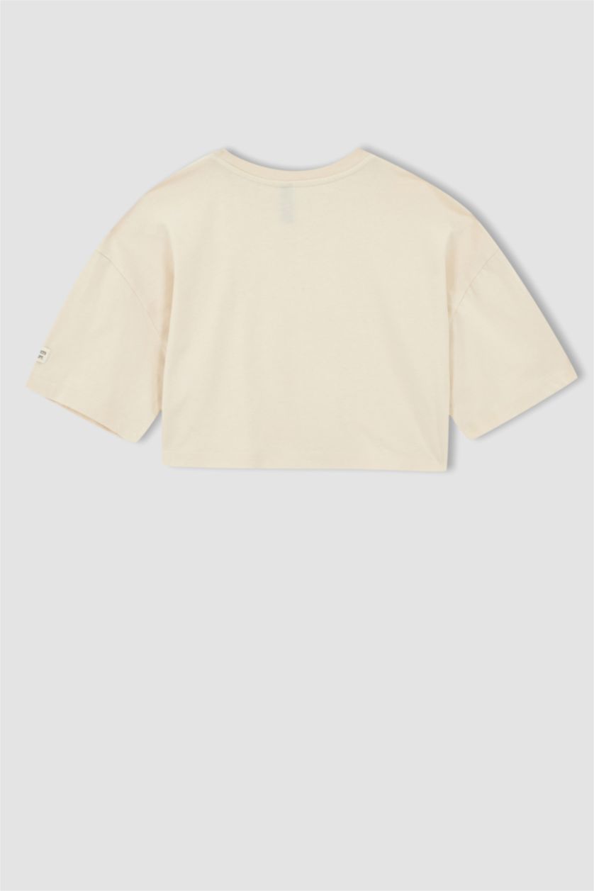 FEMME Beige Clair Defacto Fit T-shirt de sport court en coton biologique à col ras du cou coupe oversize