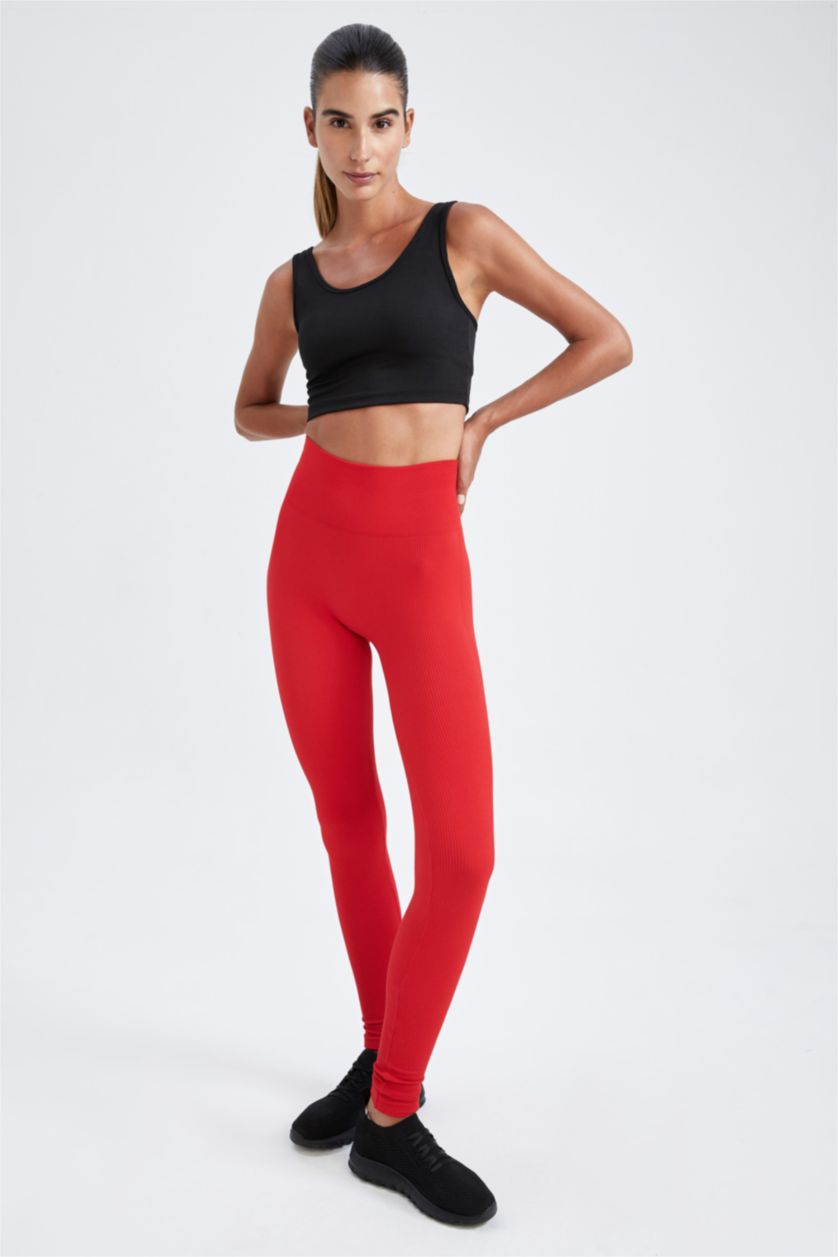 Женщины Красный Спортивные леггинсы в рубчик стандартного кроя с высокой талией без швов, Коллекция Defacto Fit