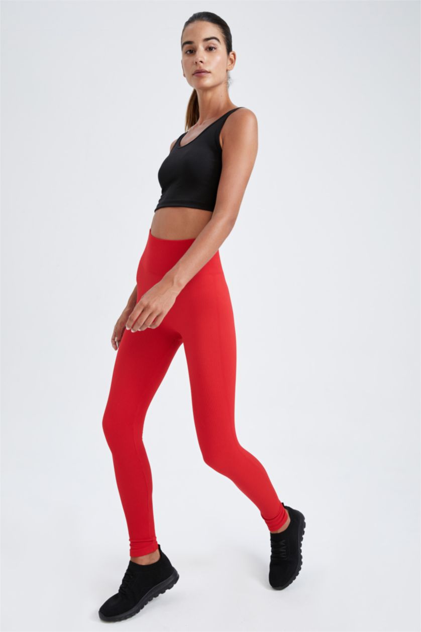 Женщины Красный Спортивные леггинсы в рубчик стандартного кроя с высокой талией без швов, Коллекция Defacto Fit