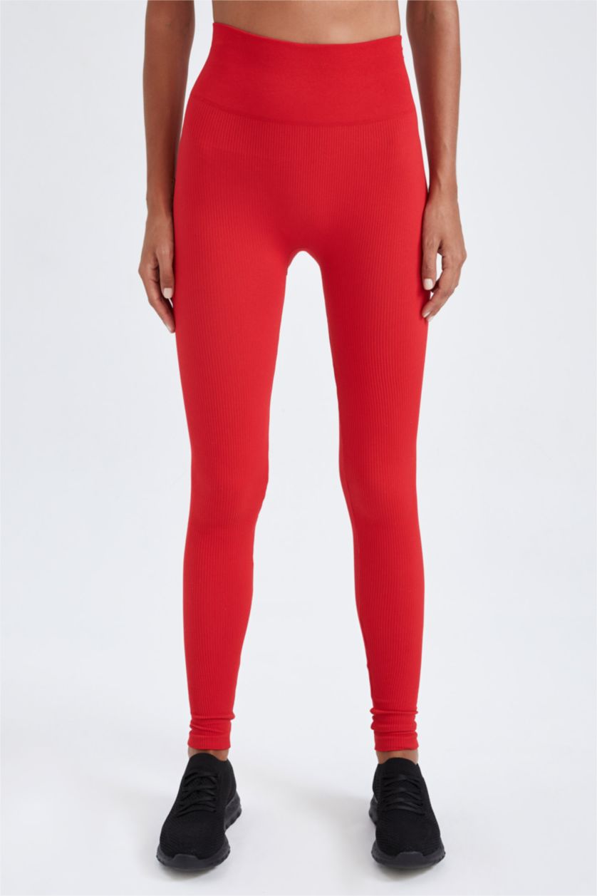 Женщины Красный Спортивные леггинсы в рубчик стандартного кроя с высокой талией без швов, Коллекция Defacto Fit