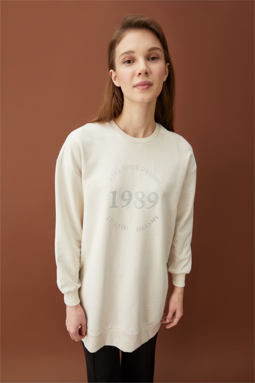 FEMME Beige Clair Sweatshirt tunique Tissu Sweat Fin Coupe Oversize Col arrondi