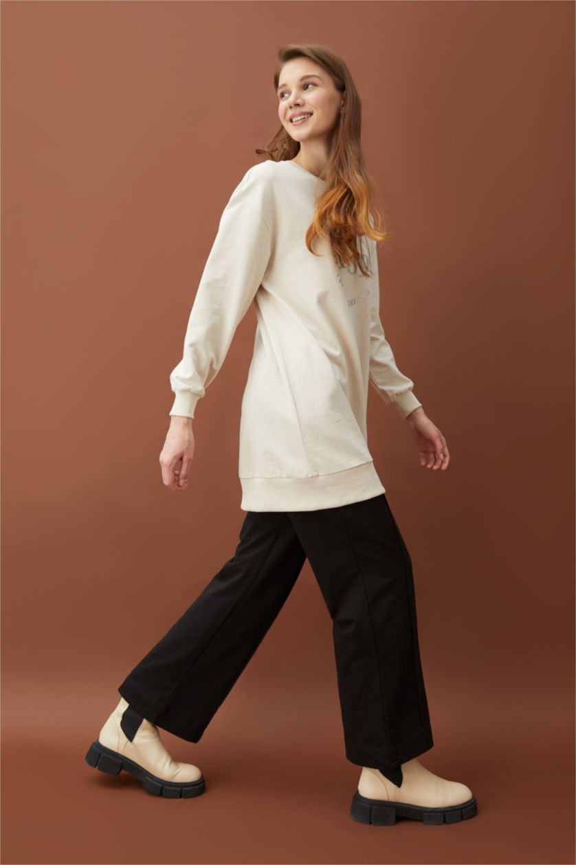 FEMME Beige Clair Sweatshirt tunique Tissu Sweat Fin Coupe Oversize Col arrondi