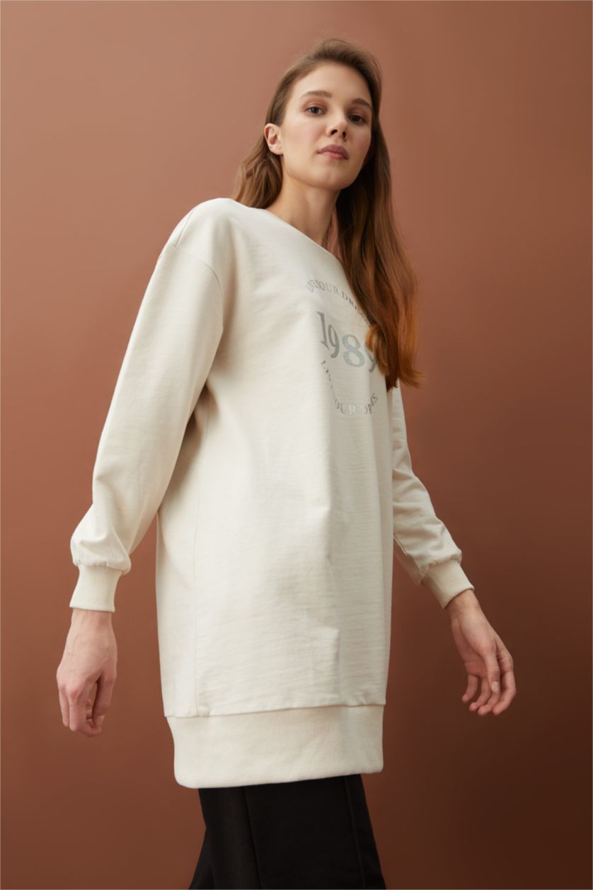 FEMME Beige Clair Sweatshirt tunique Tissu Sweat Fin Coupe Oversize Col arrondi