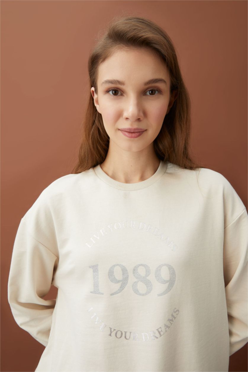 FEMME Beige Clair Sweatshirt tunique Tissu Sweat Fin Coupe Oversize Col arrondi