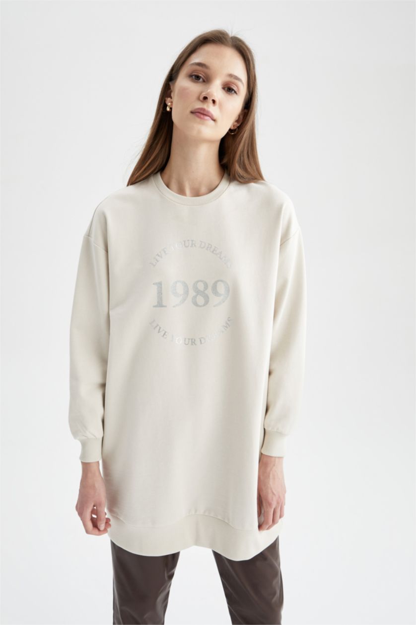 FEMME Beige Clair Sweatshirt tunique Tissu Sweat Fin Coupe Oversize Col arrondi