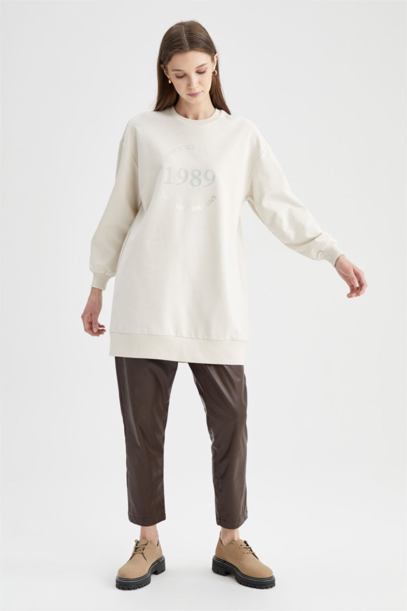 FEMME Beige Clair Sweatshirt tunique Tissu Sweat Fin Coupe Oversize Col arrondi