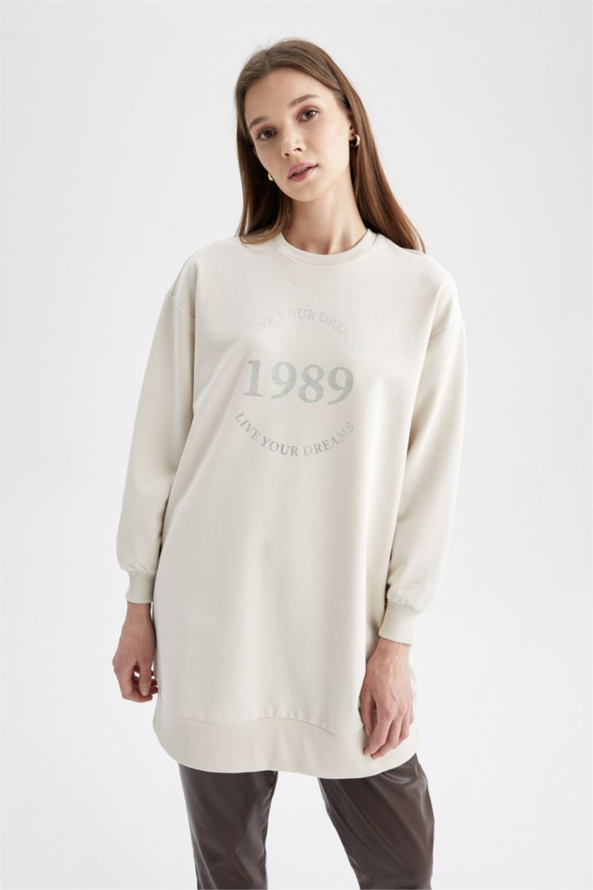 FEMME Beige Clair Sweatshirt tunique Tissu Sweat Fin Coupe Oversize Col arrondi