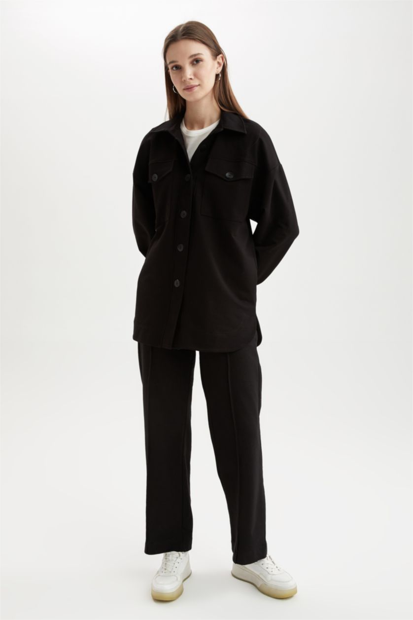 Kadın Siyah Regular Fıt Sweatshirt Kumaşı Pantolon