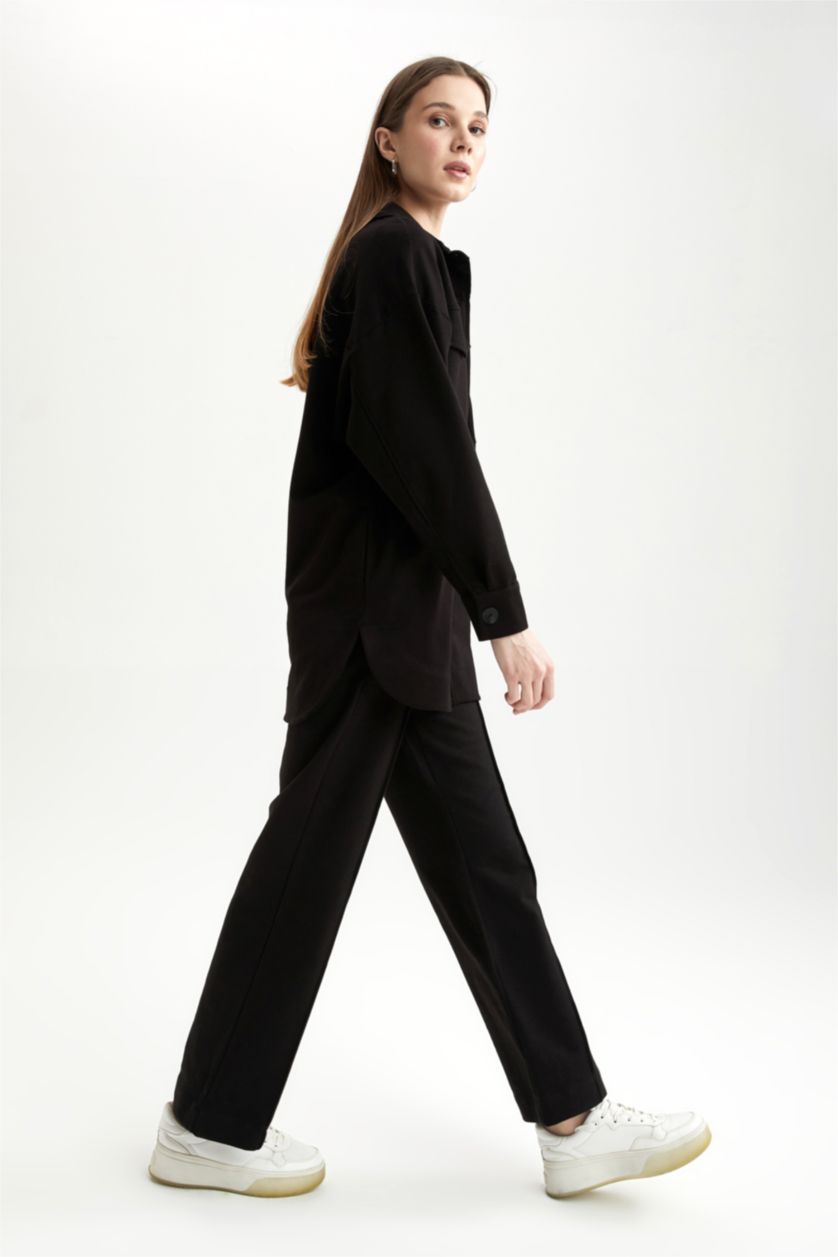 Kadın Siyah Regular Fıt Sweatshirt Kumaşı Pantolon