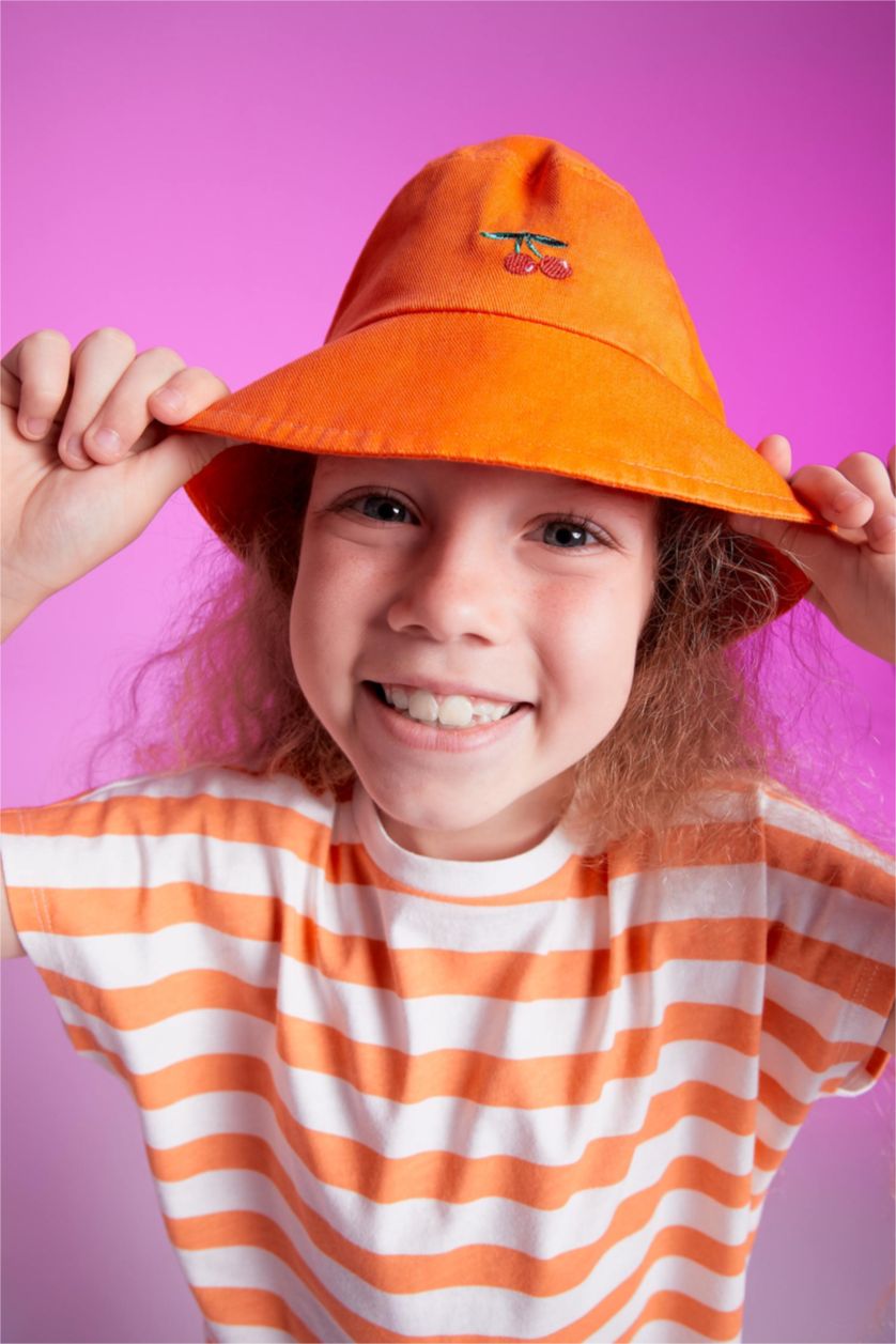 FILLES Orange Chapeau Bob en coton Brodé pour Fille