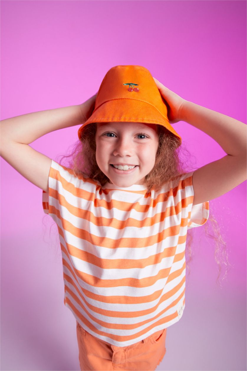FILLES Orange Chapeau Bob en coton Brodé pour Fille