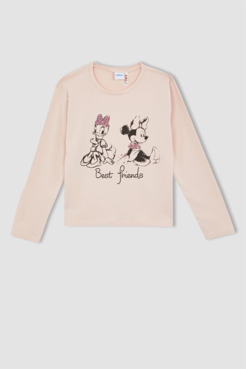 بنات زهري تي شيرت قطني كم طويل وياقة دائرية من ميكي وميني ماوس للبنات