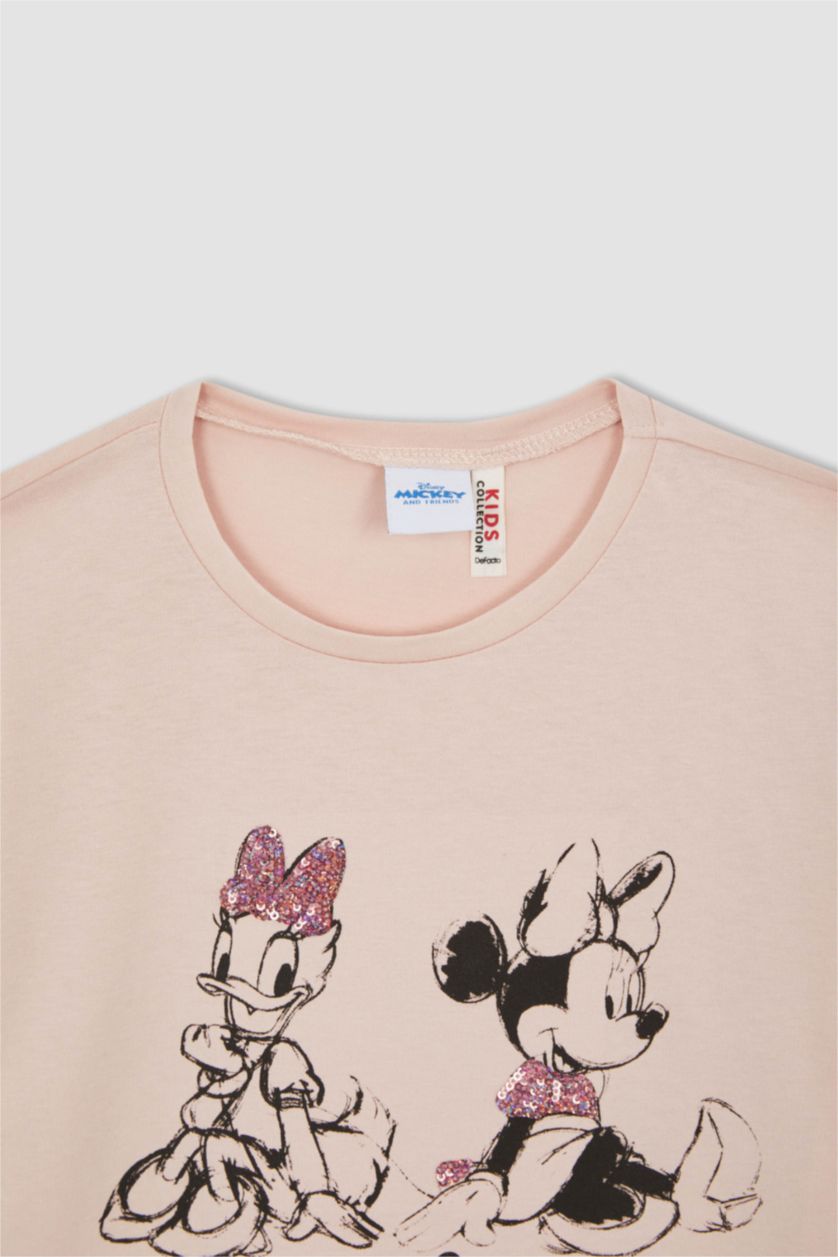 بنات زهري تي شيرت قطني كم طويل وياقة دائرية من ميكي وميني ماوس للبنات