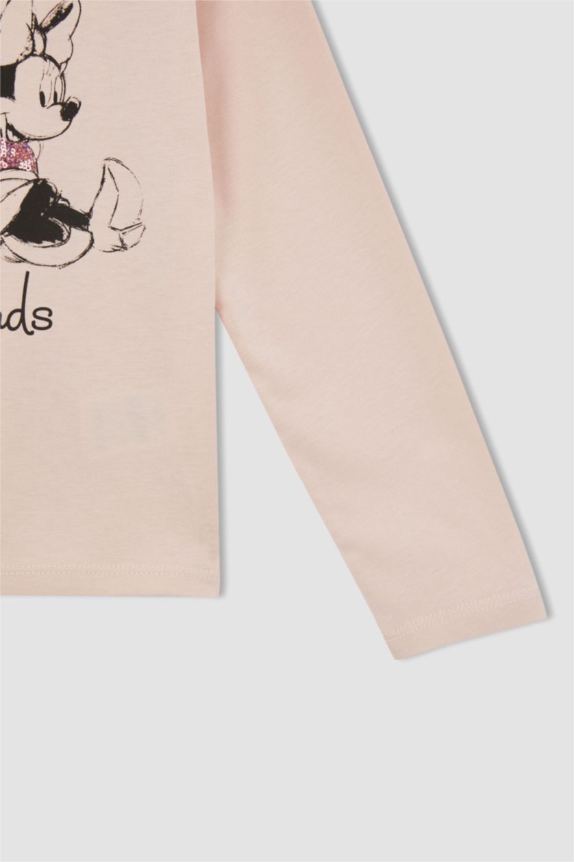 بنات زهري تي شيرت قطني كم طويل وياقة دائرية من ميكي وميني ماوس للبنات