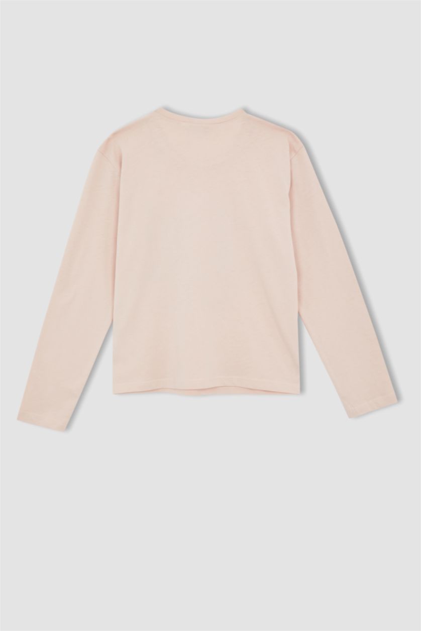 بنات زهري تي شيرت قطني كم طويل وياقة دائرية من ميكي وميني ماوس للبنات