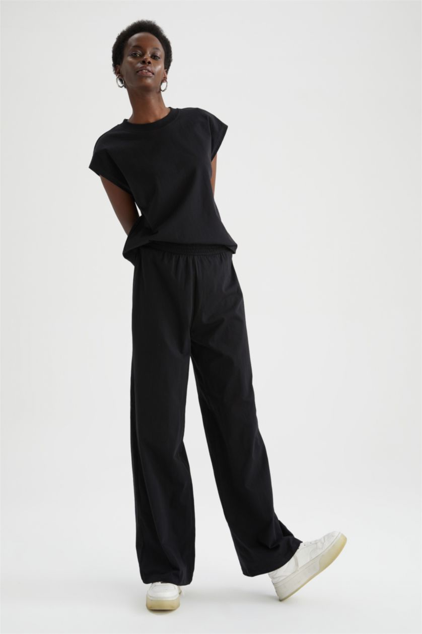 نساء أسود Loose Fit Cotton Trousers