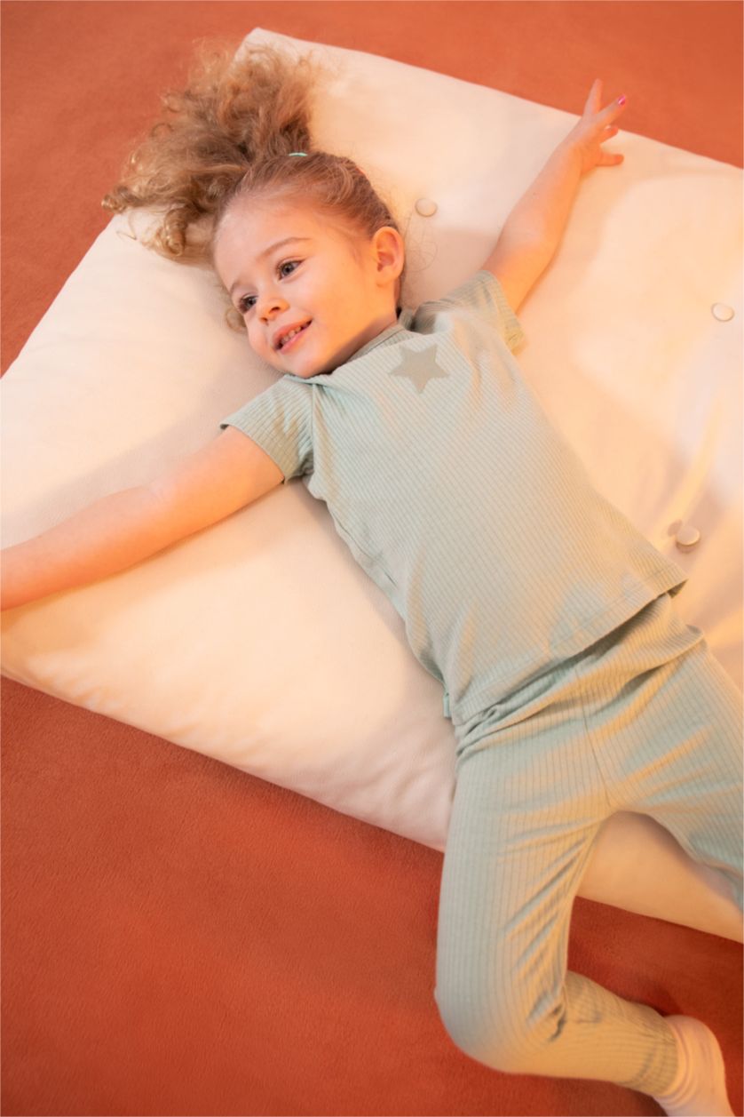 طفلة صغيرة أخضر طقم بيجاما بناتي قطن عضوي كم طويل وياقة دائرية مضلع - قطعتين