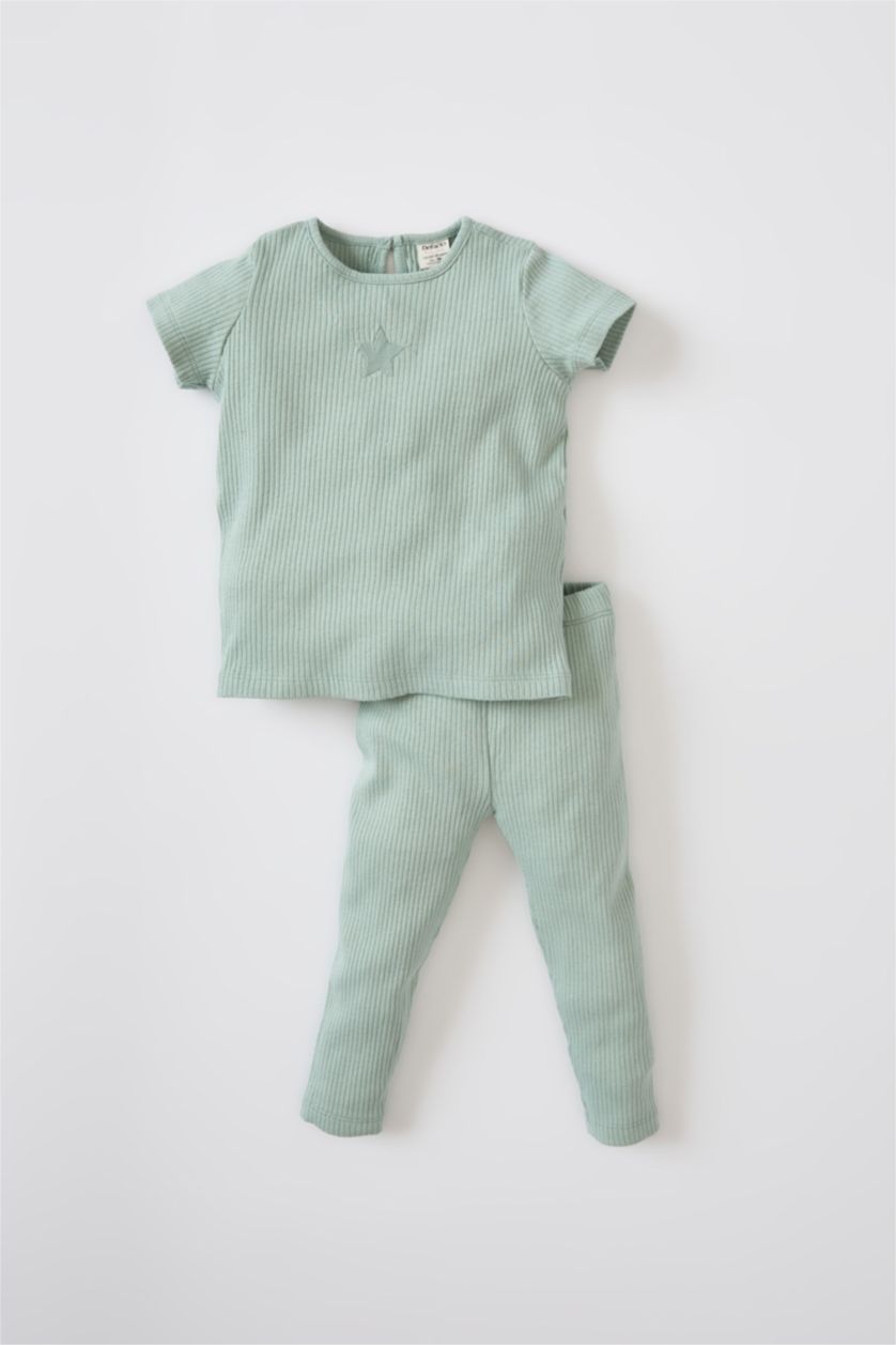 طفلة صغيرة أخضر طقم بيجاما بناتي قطن عضوي كم طويل وياقة دائرية مضلع - قطعتين