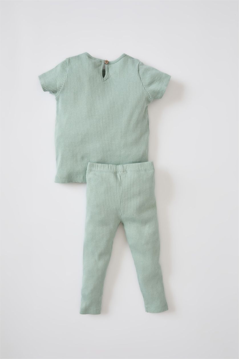 طفلة صغيرة أخضر طقم بيجاما بناتي قطن عضوي كم طويل وياقة دائرية مضلع - قطعتين