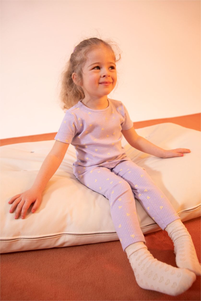 BABY GIRL Light Lilac Baby Girl Patterned Crew Neck Ribbed Camisole Organic Cotton Long Sleeve Pajamas Set