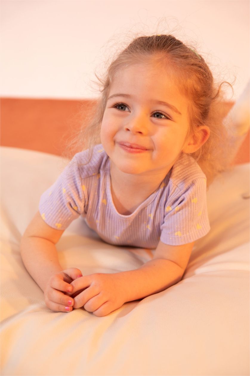 BABY GIRL Light Lilac Baby Girl Patterned Crew Neck Ribbed Camisole Organic Cotton Long Sleeve Pajamas Set