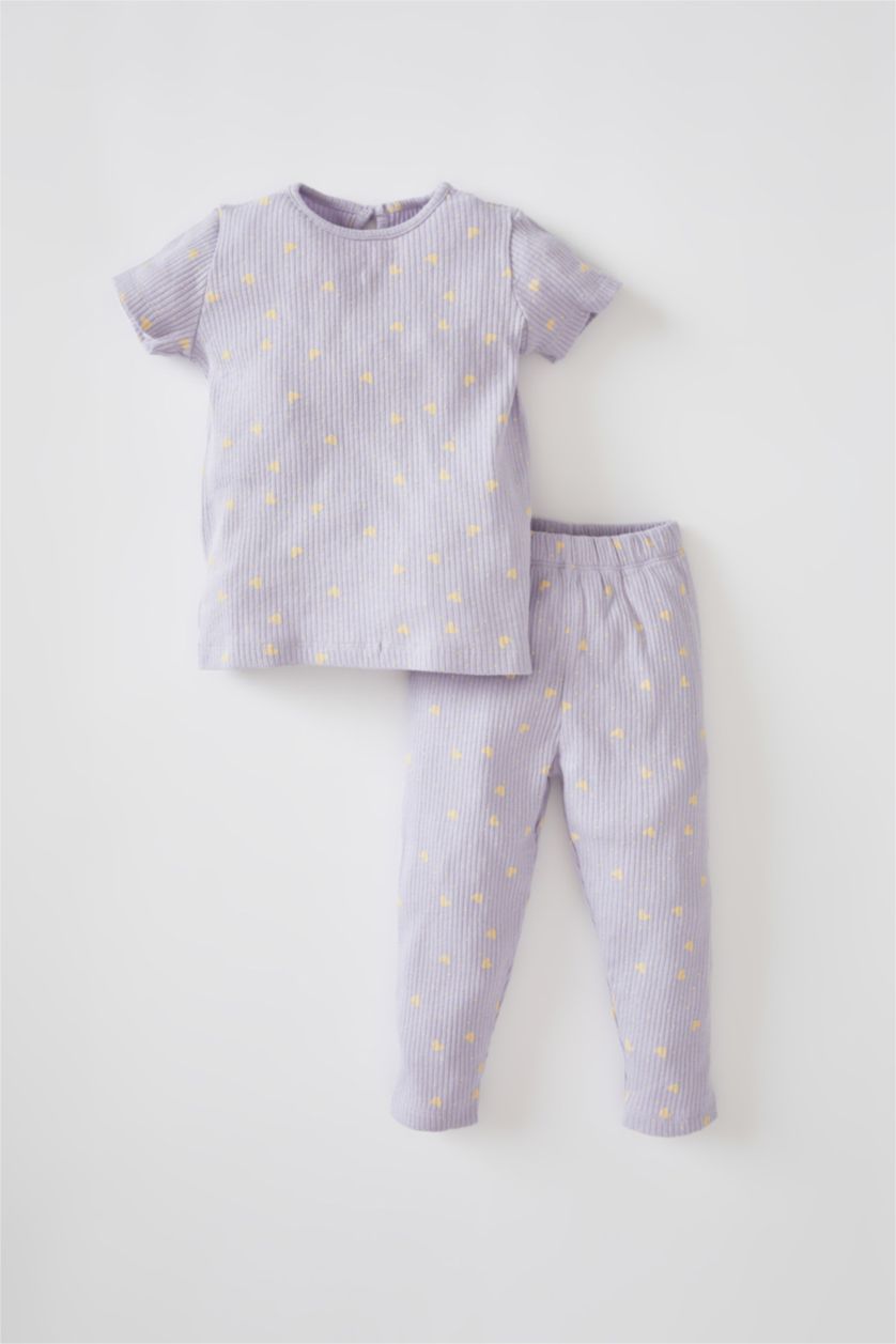 BABY GIRL Light Lilac Baby Girl Patterned Crew Neck Ribbed Camisole Organic Cotton Long Sleeve Pajamas Set