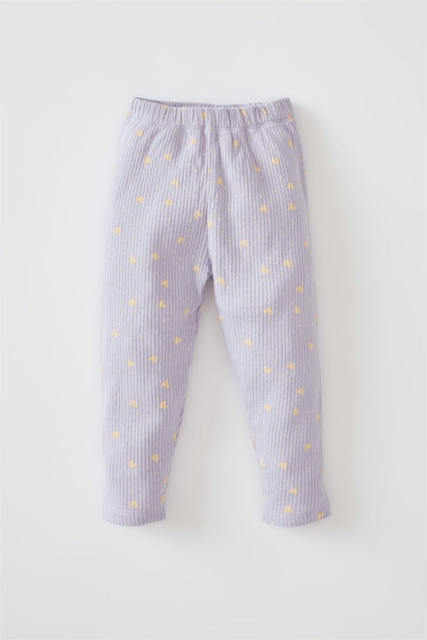 BABY GIRL Light Lilac Baby Girl Patterned Crew Neck Ribbed Camisole Organic Cotton Long Sleeve Pajamas Set