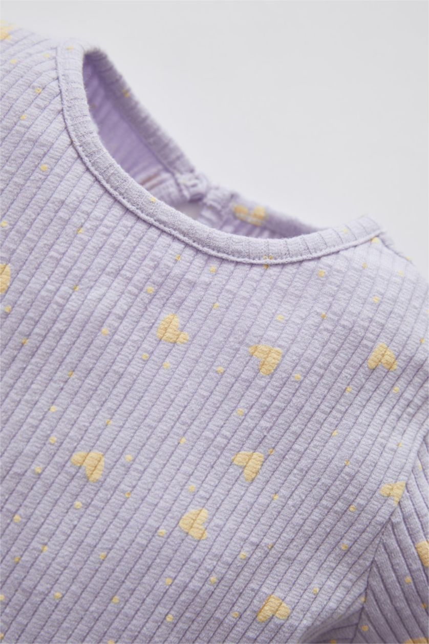 BABY GIRL Light Lilac Baby Girl Patterned Crew Neck Ribbed Camisole Organic Cotton Long Sleeve Pajamas Set