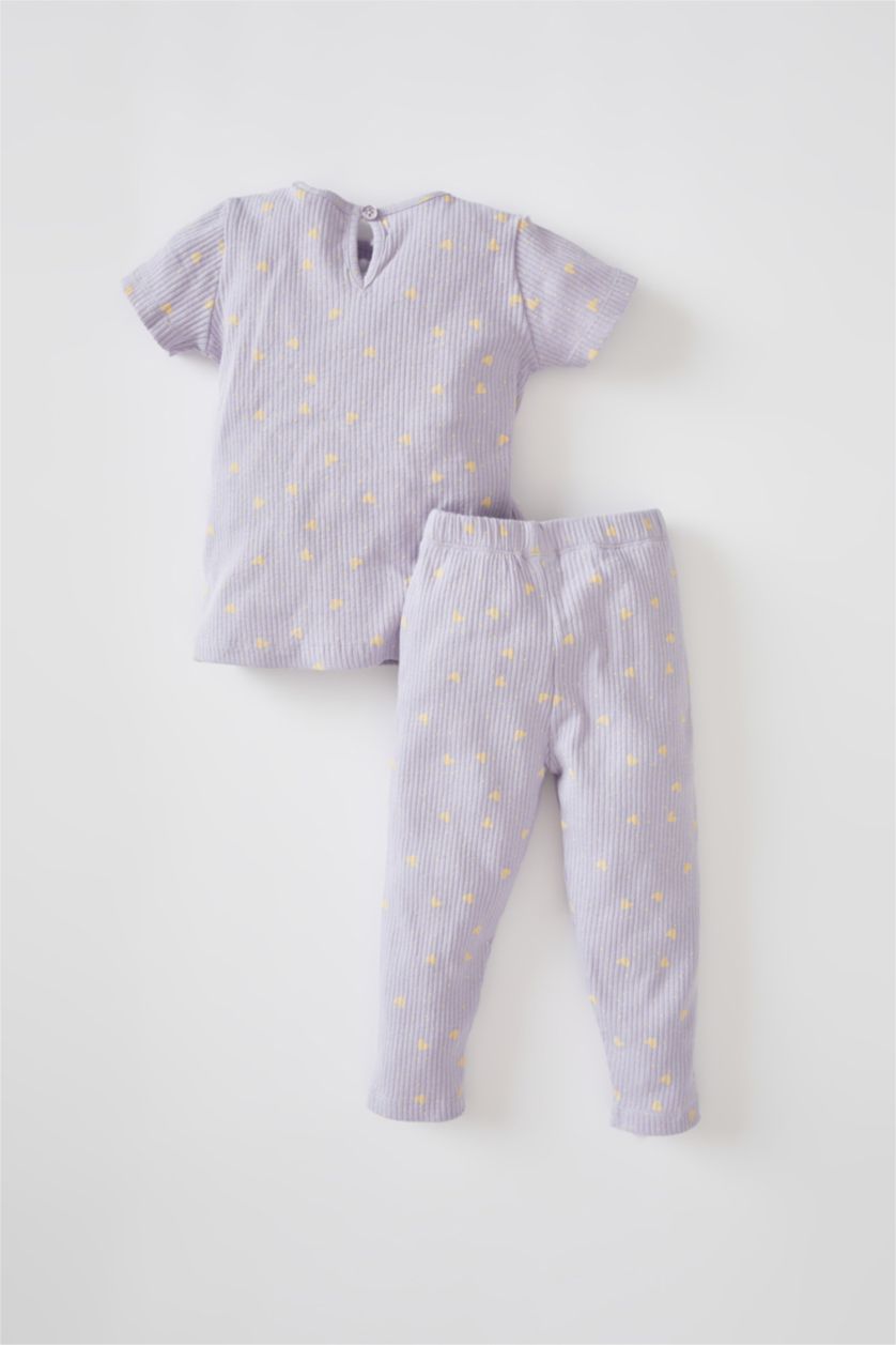 BABY GIRL Light Lilac Baby Girl Patterned Crew Neck Ribbed Camisole Organic Cotton Long Sleeve Pajamas Set