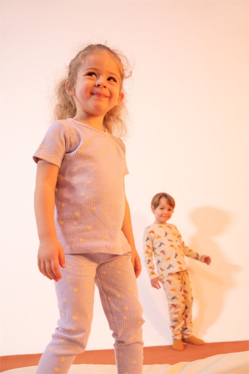 BABY GIRL Light Lilac Baby Girl Patterned Crew Neck Ribbed Camisole Organic Cotton Long Sleeve Pajamas Set