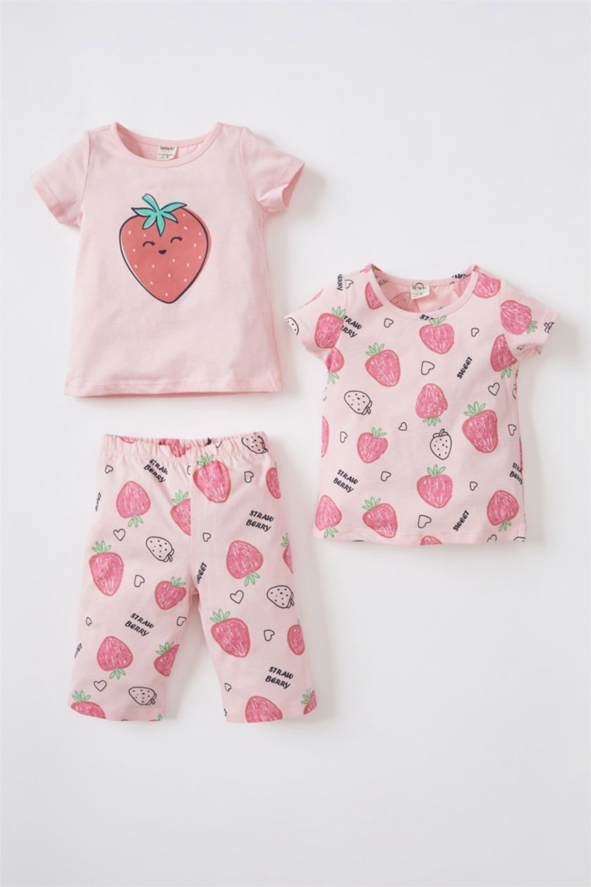BABY GIRL Light Pink Baby Girl Strawberry Printed Short Sleeve 3 Piece Cotton Pajamas Set