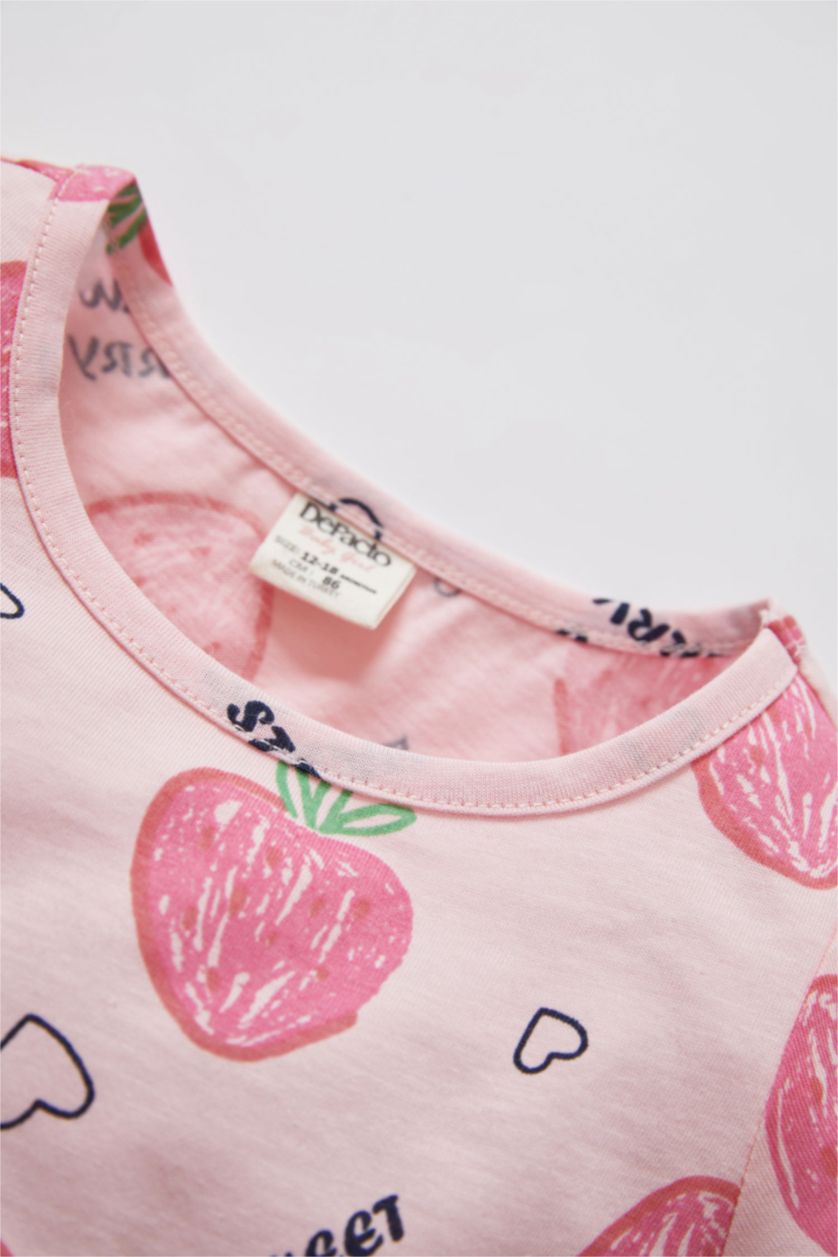 BABY GIRL Light Pink Baby Girl Strawberry Printed Short Sleeve 3 Piece Cotton Pajamas Set