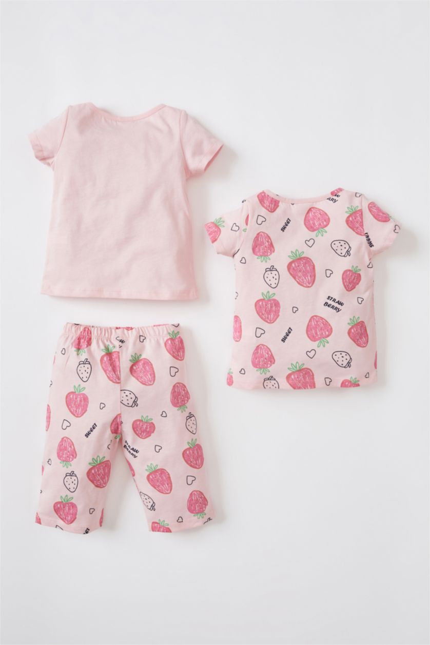 BABY GIRL Light Pink Baby Girl Strawberry Printed Short Sleeve 3 Piece Cotton Pajamas Set