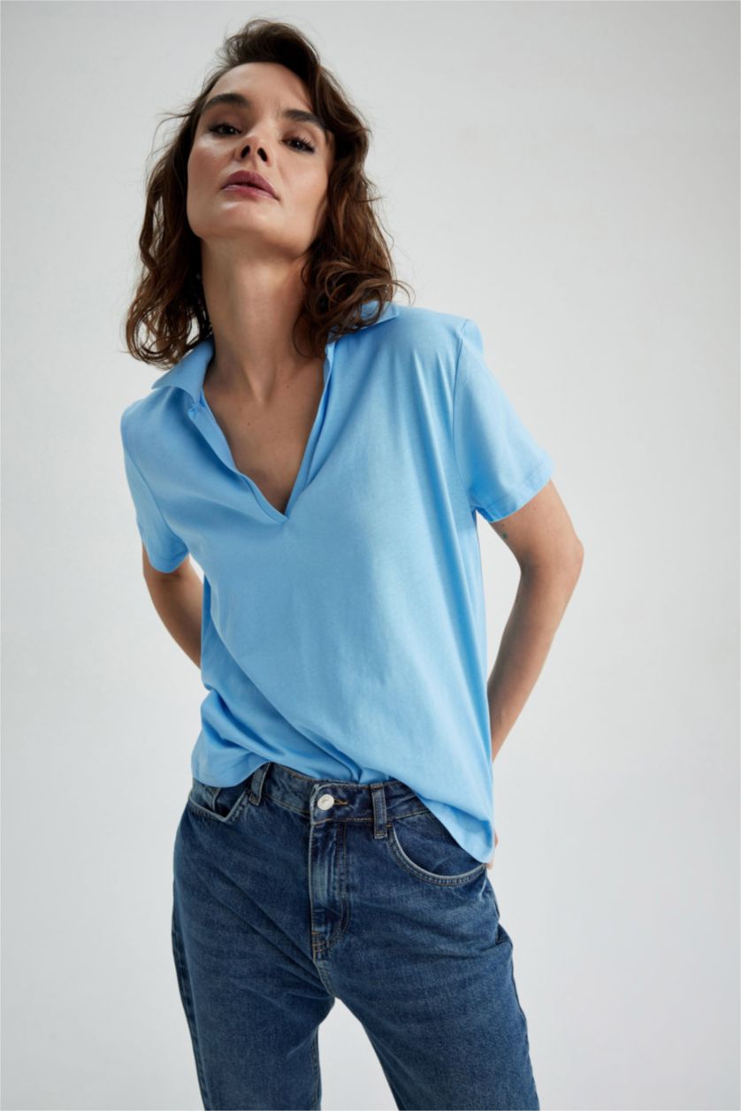 FEMME Bleu T-Shirt Coupe Classique À Manches Courtes Et Col Polo
