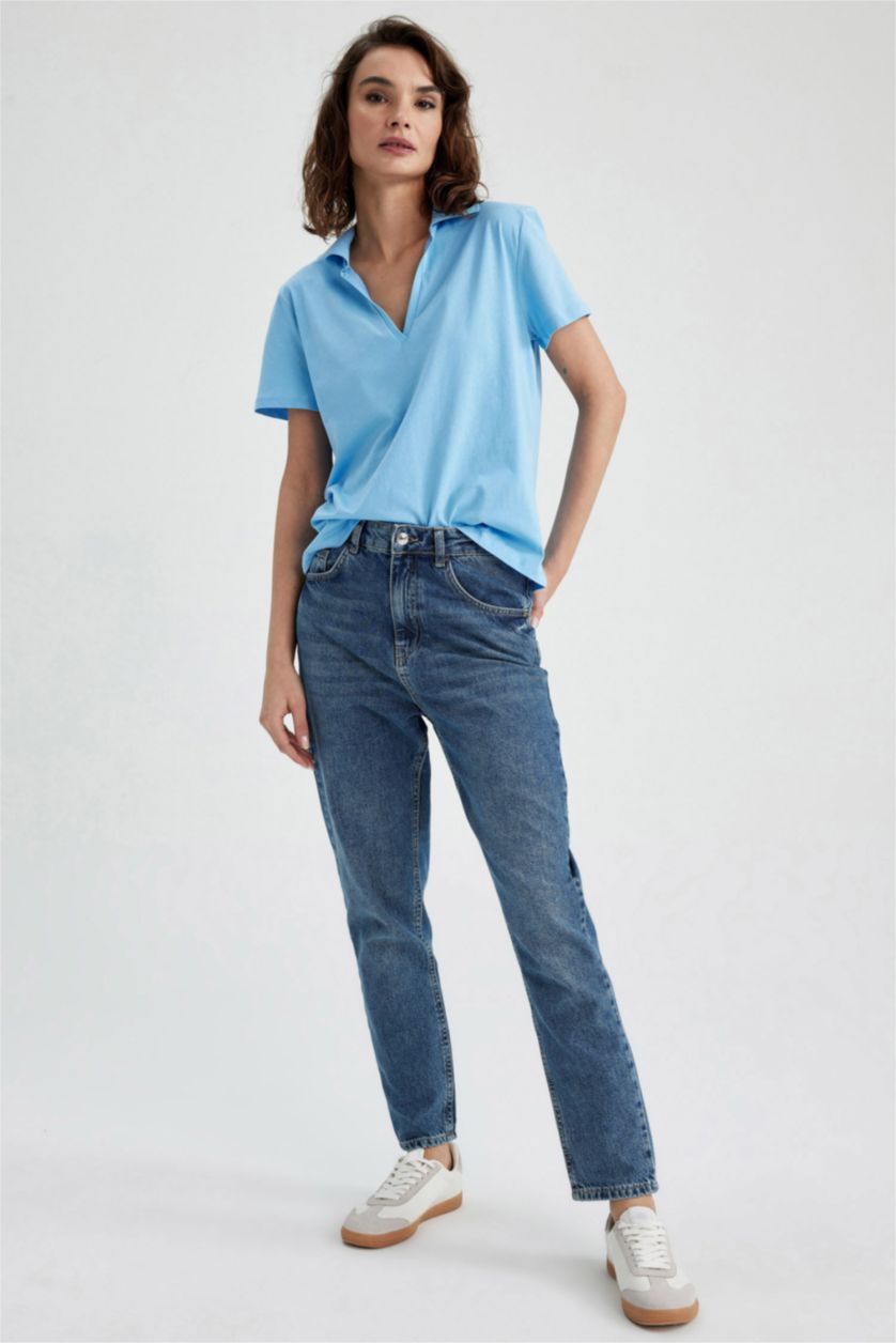 FEMME Bleu T-Shirt Coupe Classique À Manches Courtes Et Col Polo