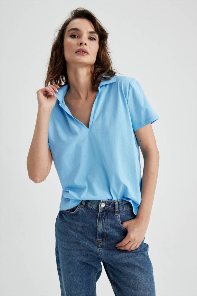 FEMME Bleu T-Shirt Coupe Classique À Manches Courtes Et Col Polo