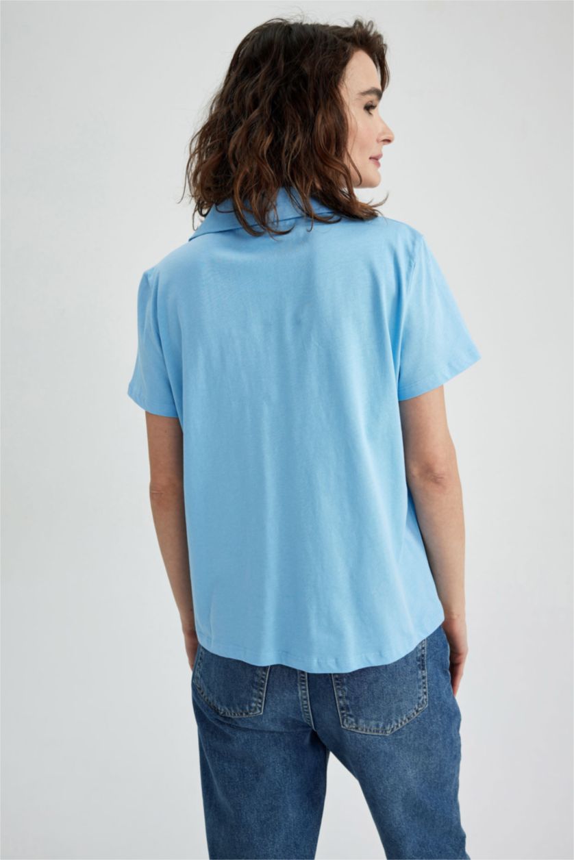 FEMME Bleu T-Shirt Coupe Classique À Manches Courtes Et Col Polo