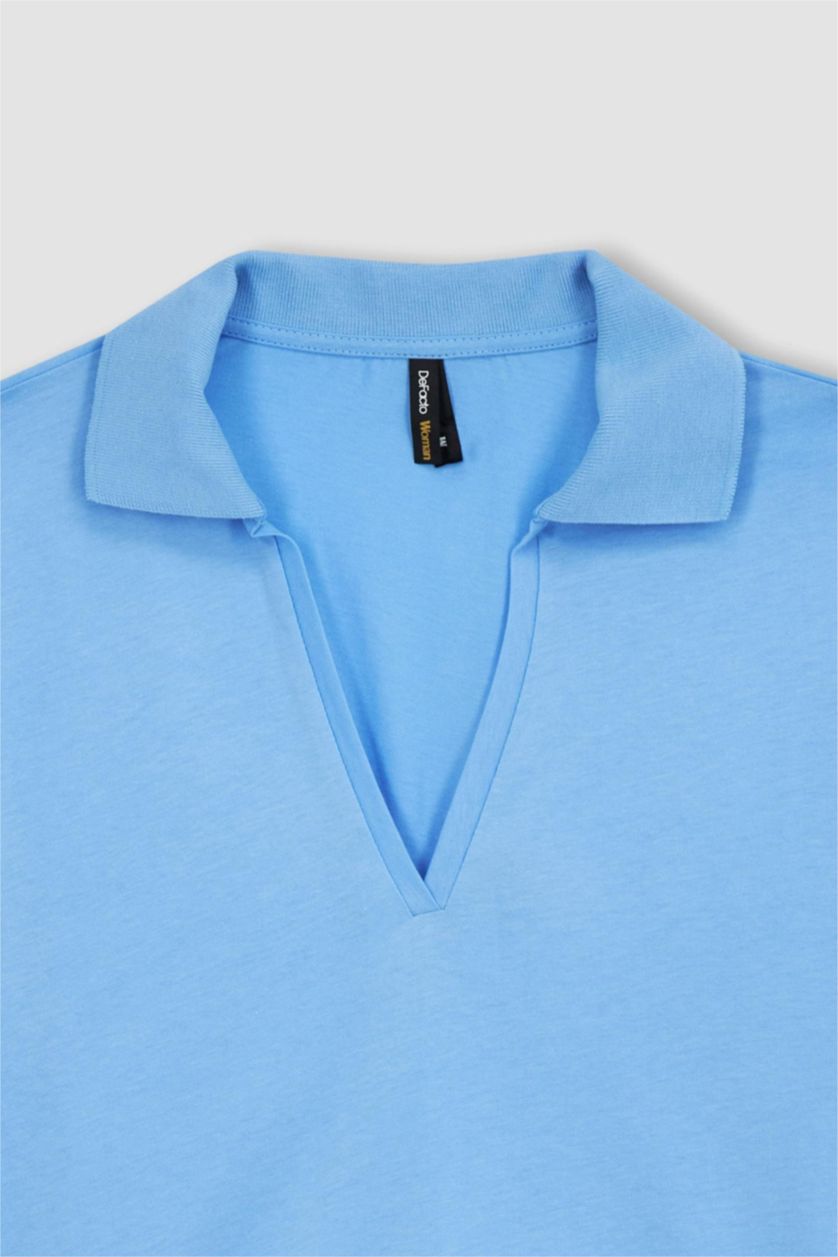 FEMME Bleu T-Shirt Coupe Classique À Manches Courtes Et Col Polo
