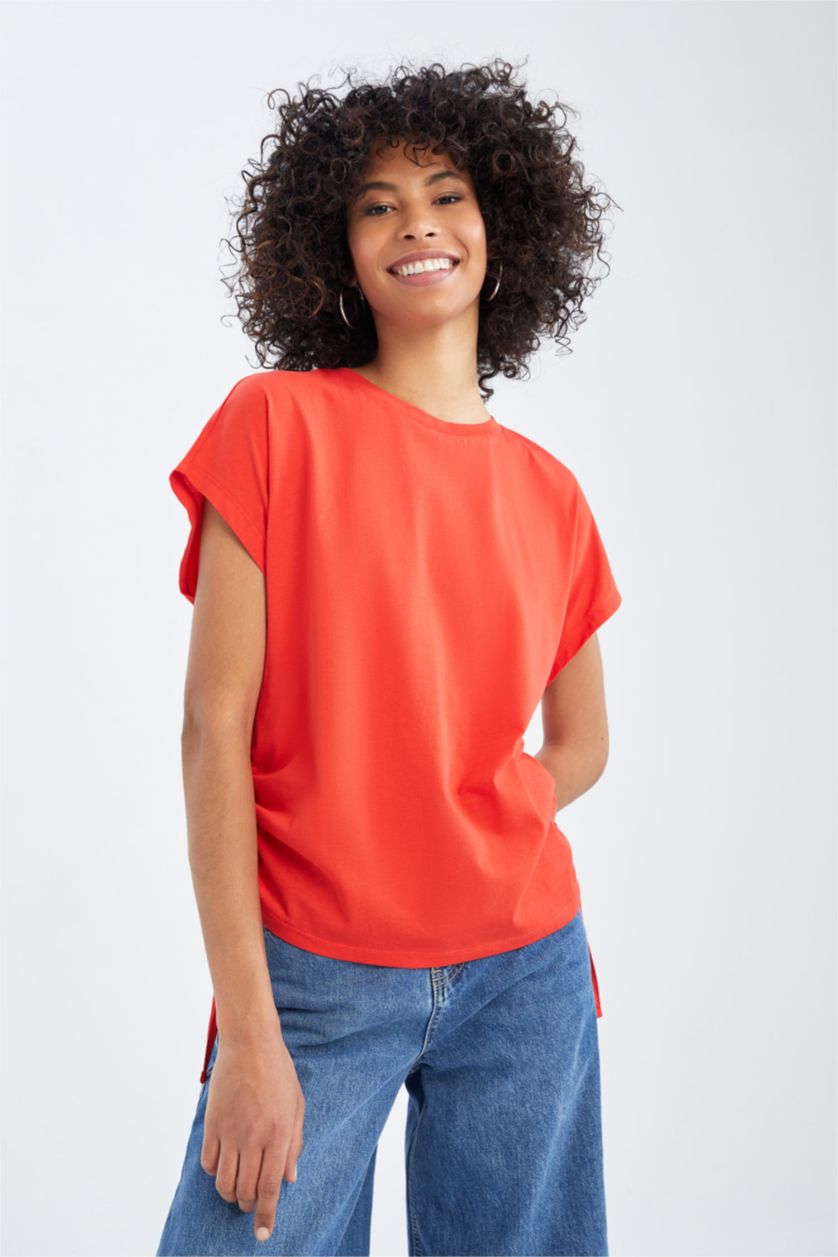 Kadın Kırmızı Regular Fıt Pamuklu Kısa Kollu Tişört