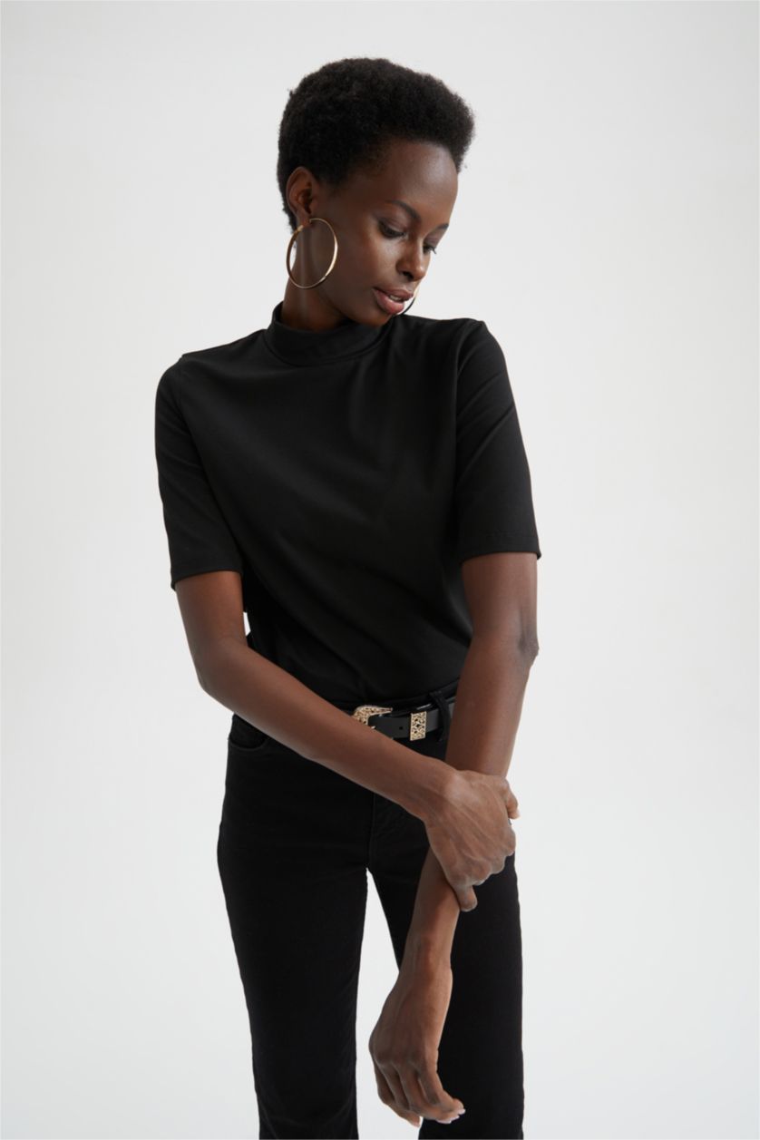 WOMAN Black Slim Fit Half Turtleneck Short Sleeve T-Shirt