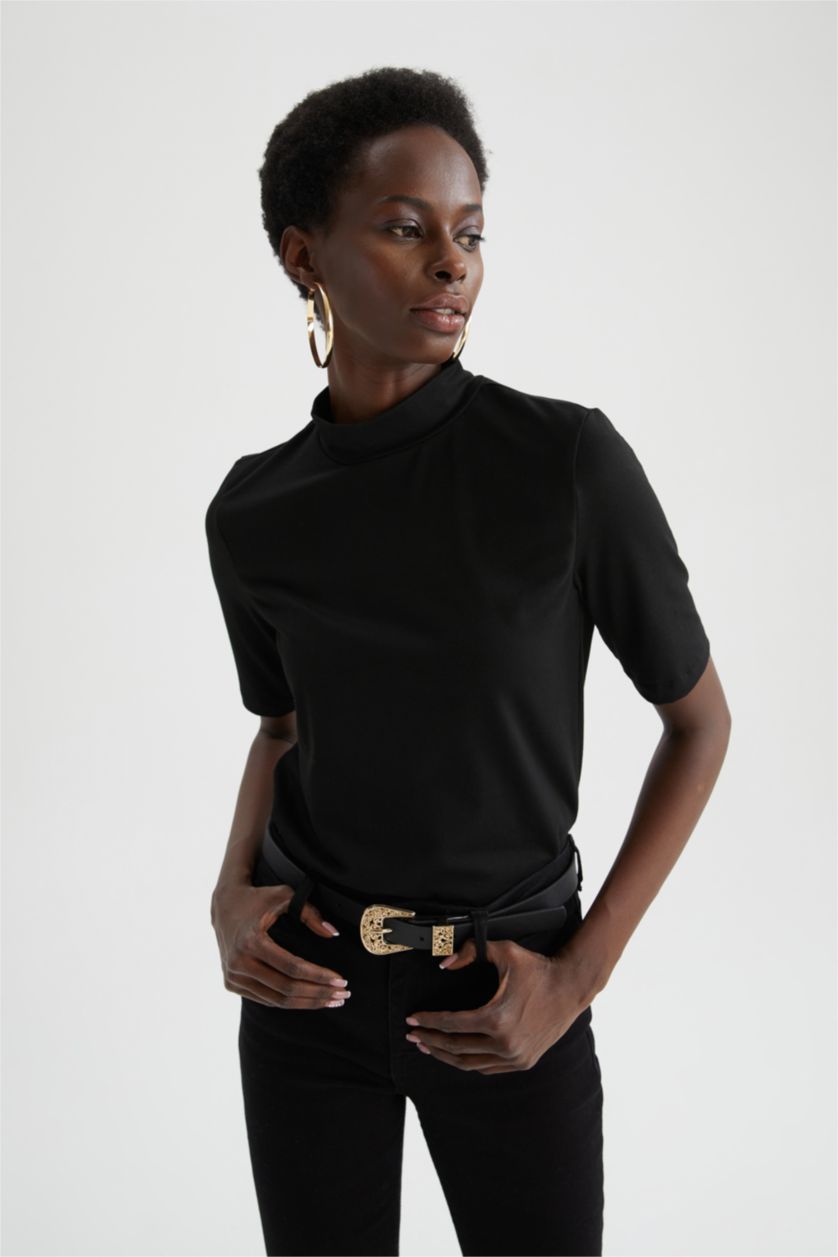 WOMAN Black Slim Fit Half Turtleneck Short Sleeve T-Shirt