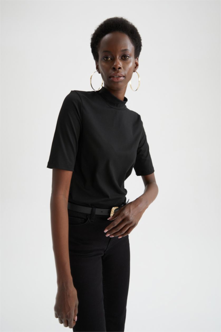 WOMAN Black Slim Fit Half Turtleneck Short Sleeve T-Shirt