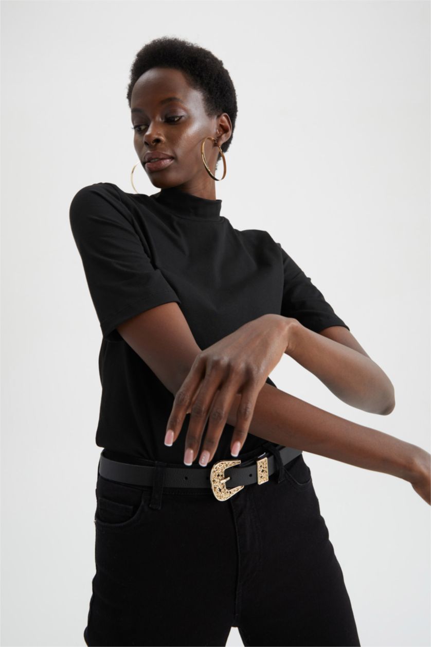 WOMAN Black Slim Fit Half Turtleneck Short Sleeve T-Shirt