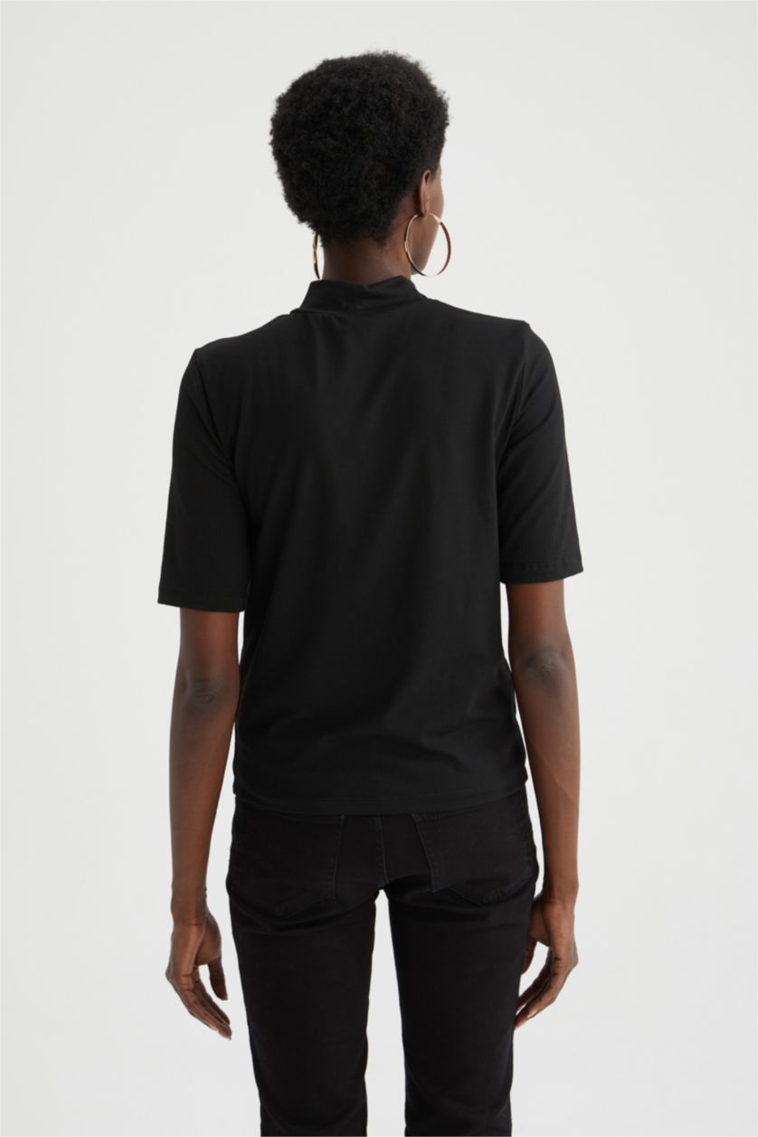 WOMAN Black Slim Fit Half Turtleneck Short Sleeve T-Shirt
