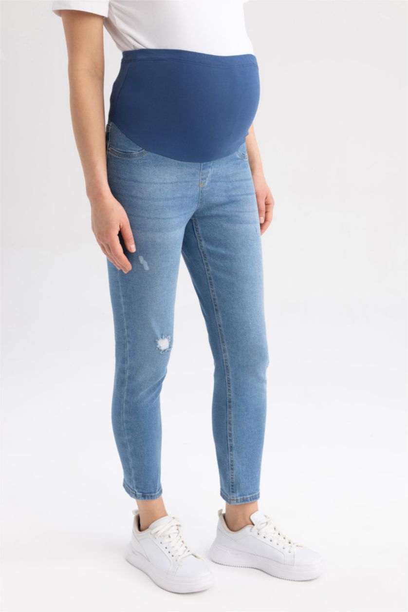Kadın İndigo Boyfriend Yüksek Bel Yırtık Detaylı Hamile Jean Pantolon