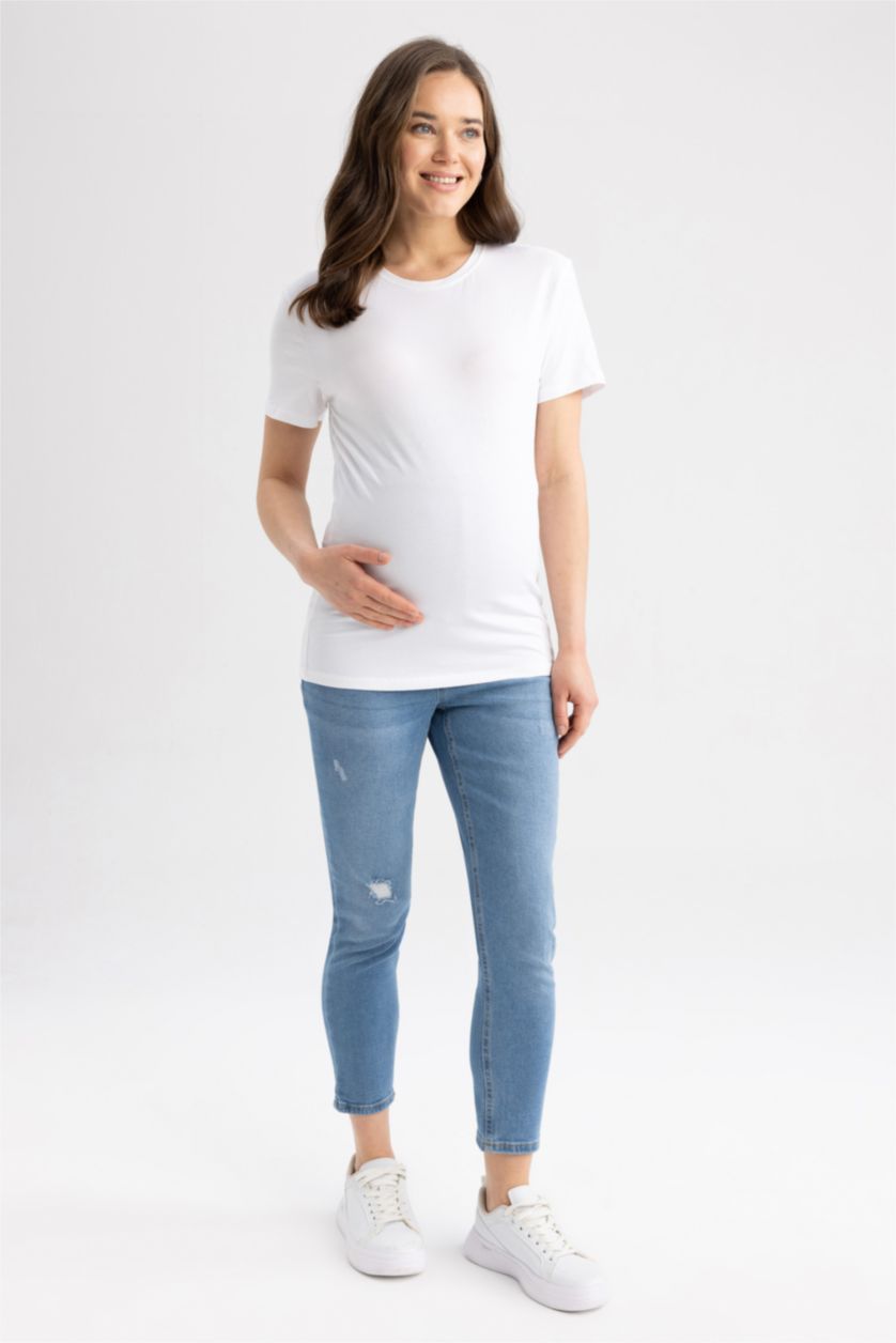 Kadın İndigo Boyfriend Yüksek Bel Yırtık Detaylı Hamile Jean Pantolon