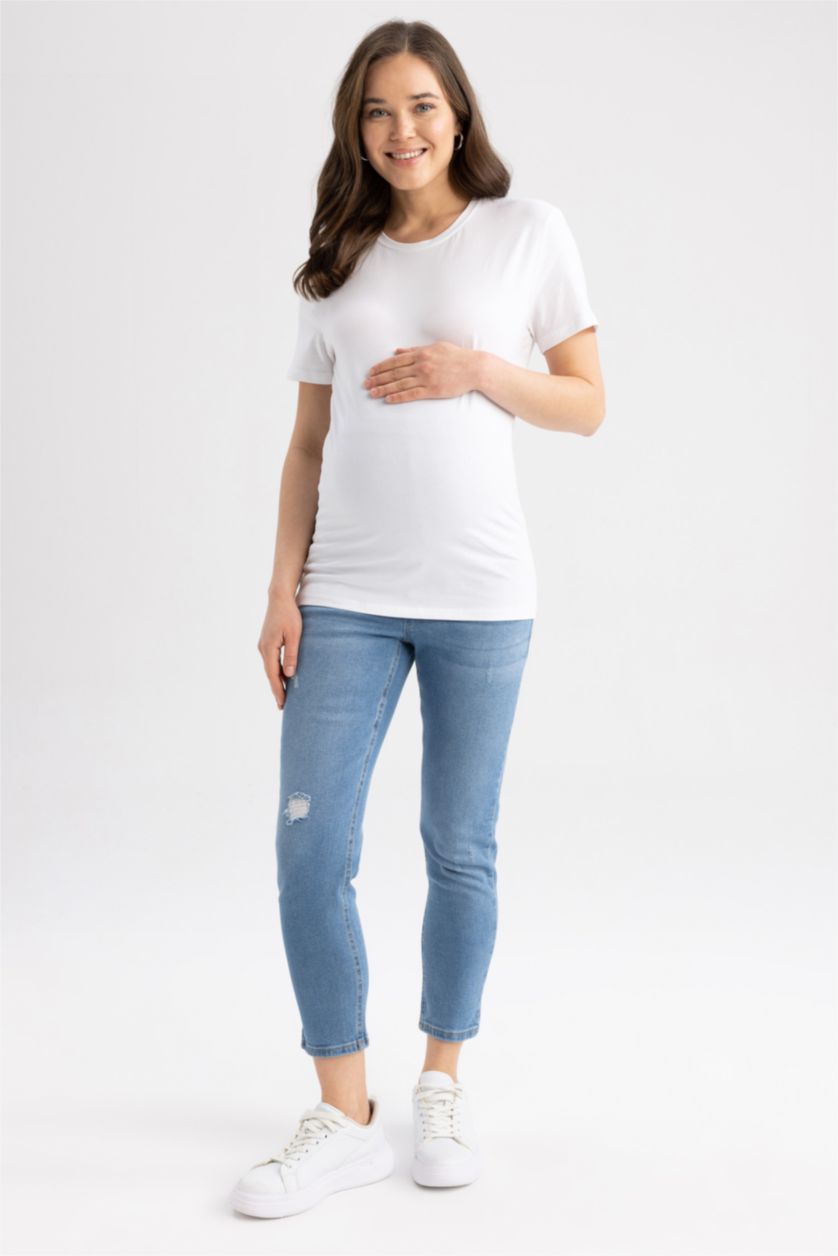 Kadın İndigo Boyfriend Yüksek Bel Yırtık Detaylı Hamile Jean Pantolon