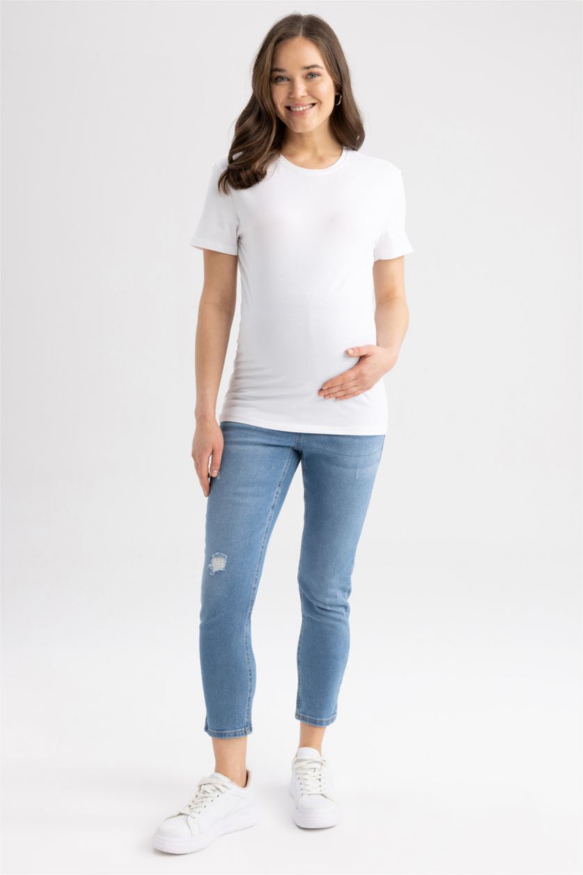 Kadın İndigo Boyfriend Yüksek Bel Yırtık Detaylı Hamile Jean Pantolon