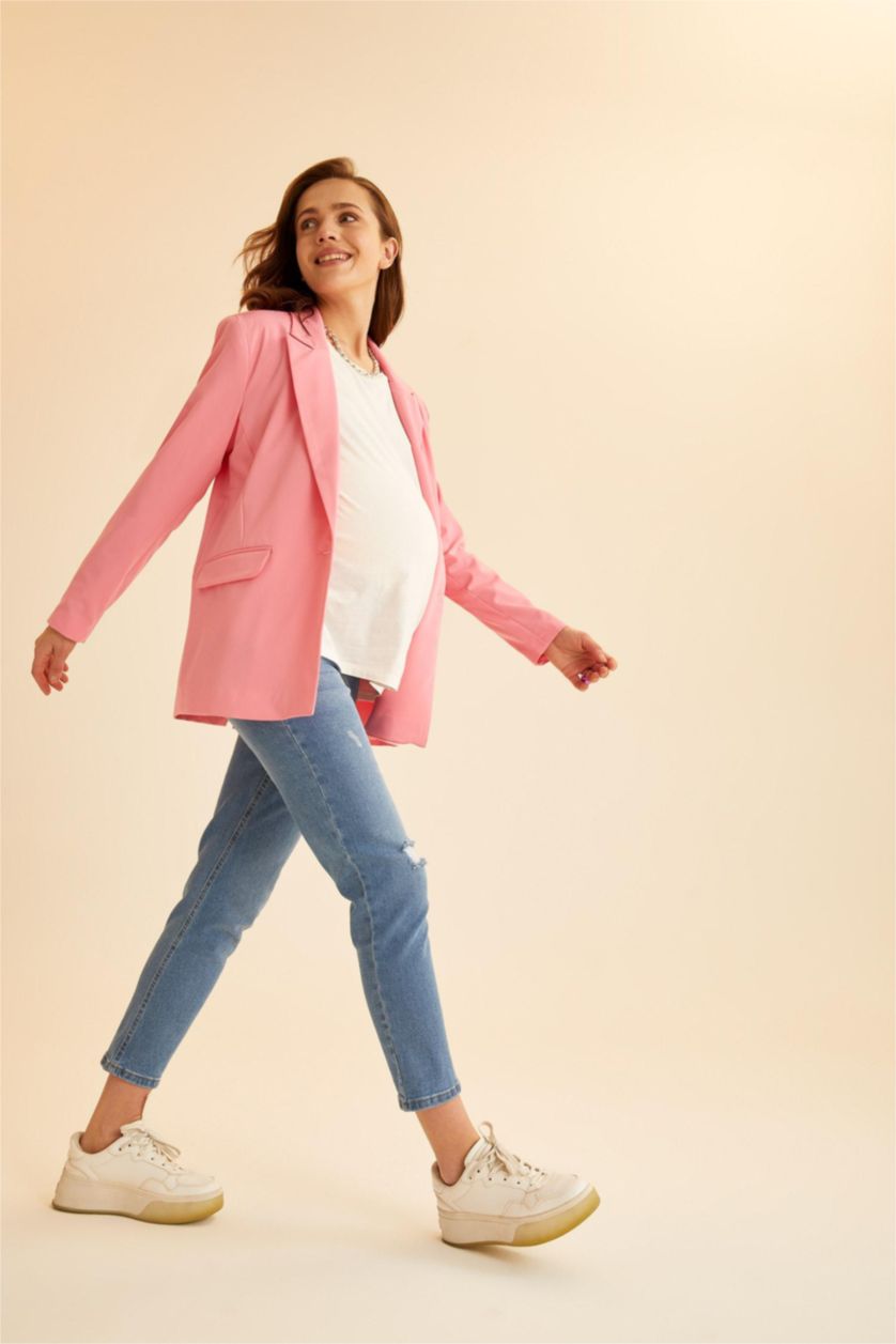 Kadın İndigo Boyfriend Yüksek Bel Yırtık Detaylı Hamile Jean Pantolon