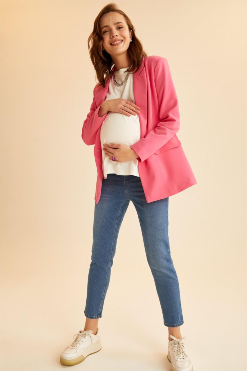 Kadın İndigo Boyfriend Yüksek Bel Yırtık Detaylı Hamile Jean Pantolon